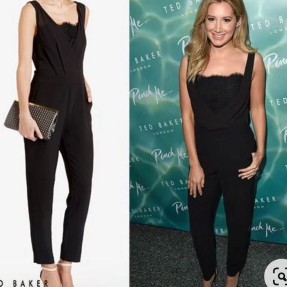 Ted Baker Black Lace Trim Jumpsuit Tapered Leg Sleeveless Size 2